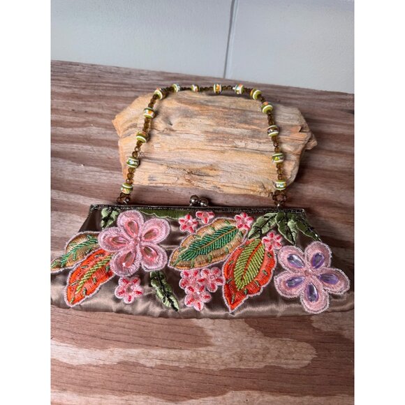Floral Embroidered Satin Clutch Purse With Beaded Handle - Picture 1 of 8